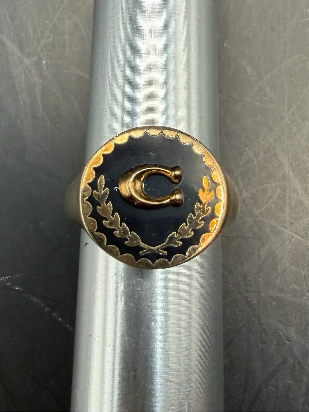 COACH Gold tone and Black Enamel C Initial Signet Ring size 7